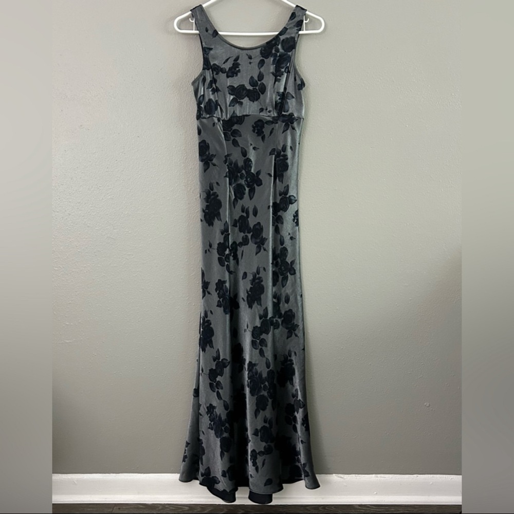 Vintage 90s Roberta Shiny Grey Blue Rose Floral Gown Dress 7/8 Y2K Whimsigoth